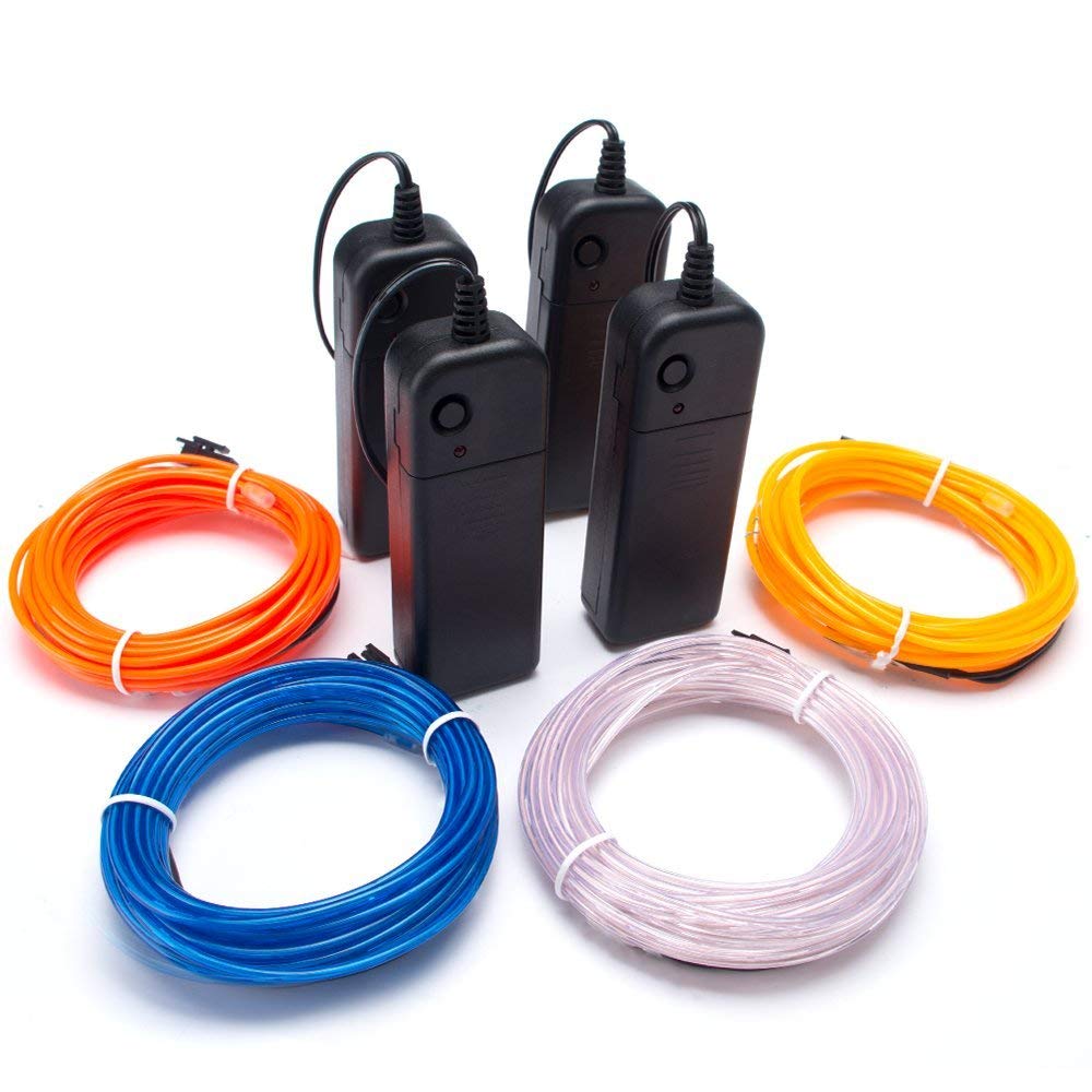 EL Wire Kit 15FT (4 Pack, Blue, White, Yellow, Orange)