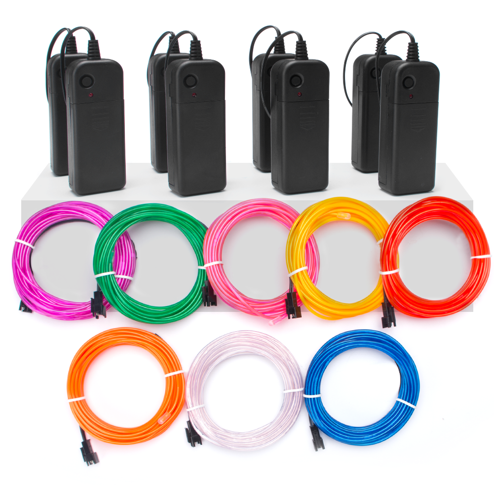 EL Wire Kit 15FT (8 Pack, Red, Green, Blue, White, Pink, Purple, Yellow, Orange)