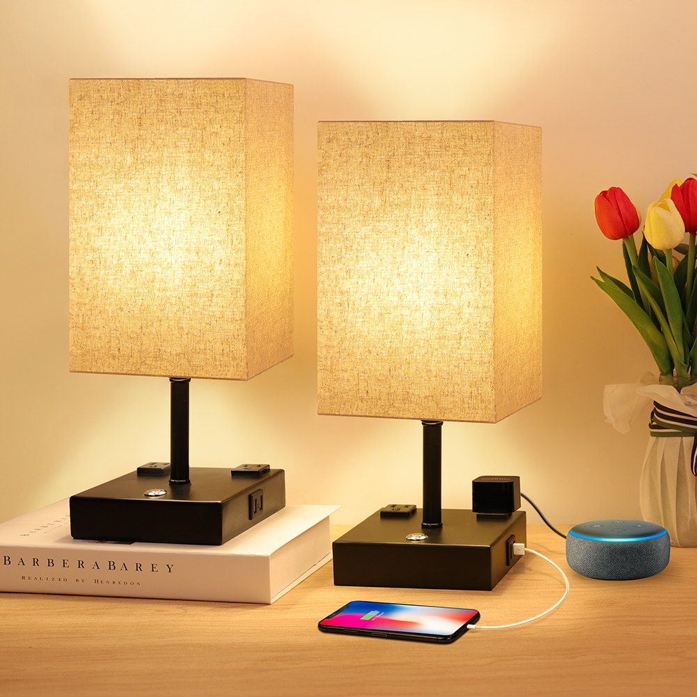 Touch Control Dimmable Table Lamp with 2 USB Charging Ports and 2 AC Outlets