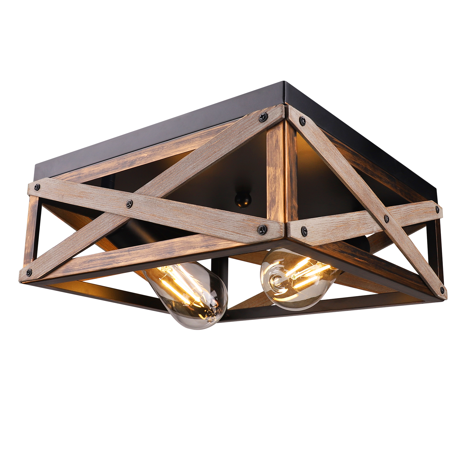 Rustic Flush Mount Ceiling Light Fixture, Farmhouse Light Fixtures Ceiling Two-Light Metal and Solid Wood Square Industrial Ceiling Lighting Fixtures for Farmhouse Hallway Bedroom Kitchen Entryway