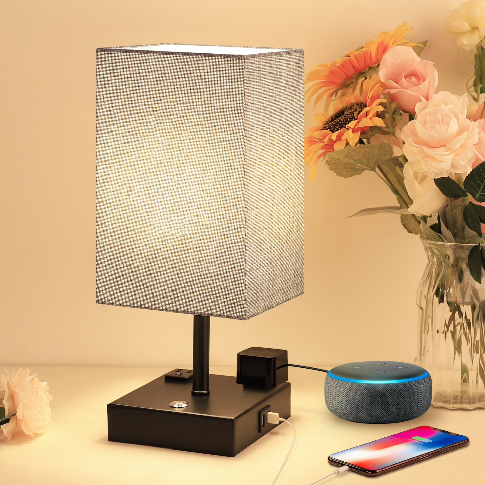 Touch Table Lamp with 2 USB Charging Ports and 2 AC Outlets, 3 Way Dimmable Touch Lamp Bedside Lamp Grey Nightstand Lamps Square Lampshade Bedroom Lamp for Metal Base Perfect for Bedroom Living Room