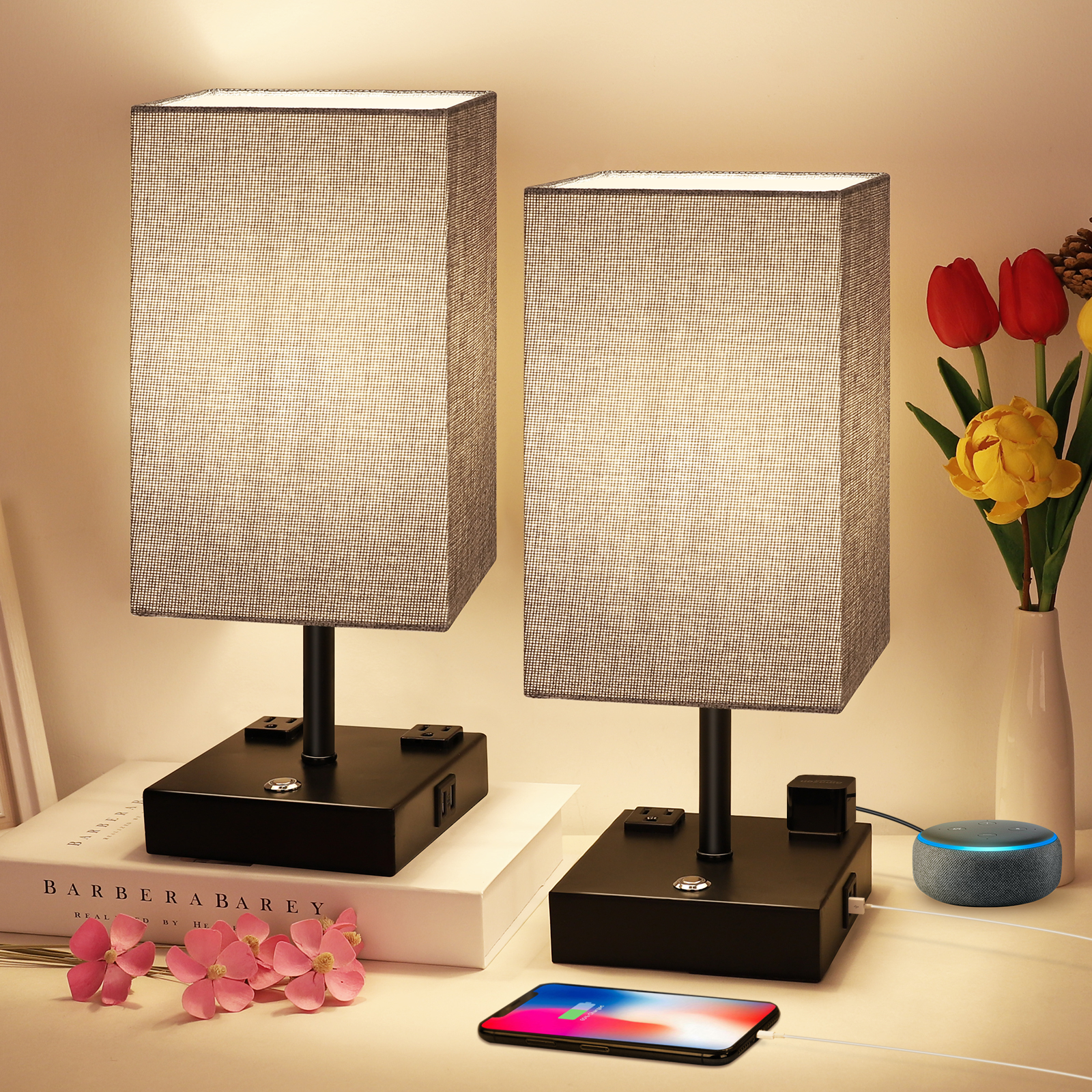 Dimmable Table Lamp Touch Control with USB Charging Ports and AC Outlets