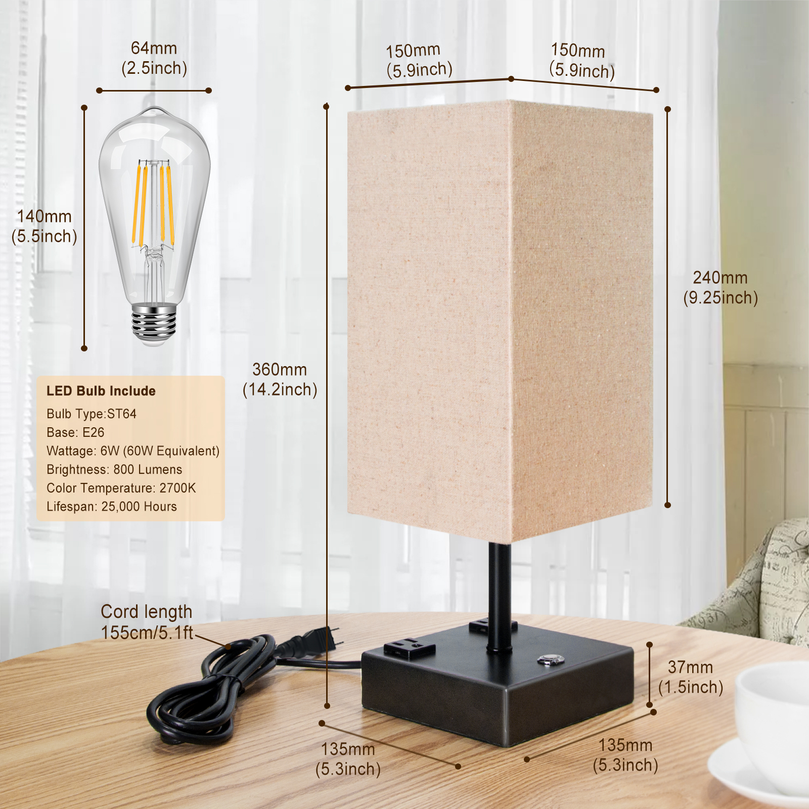 Touch Control Dimmable Table Lamp with 2 USB Charging Ports and 2 